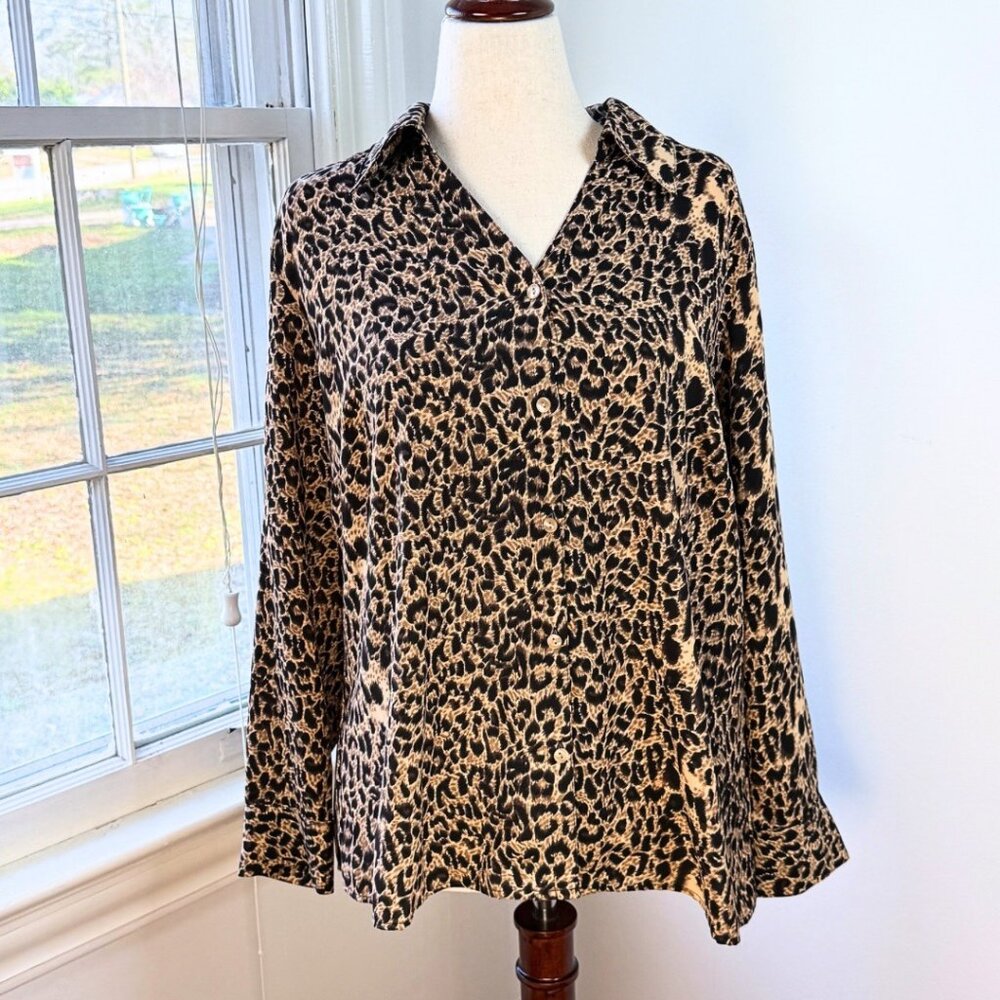 Leopard Print Collared Long Sleeve Button Up Shirt Plus Size 16W Mobwife Office - Picture 2 of 12